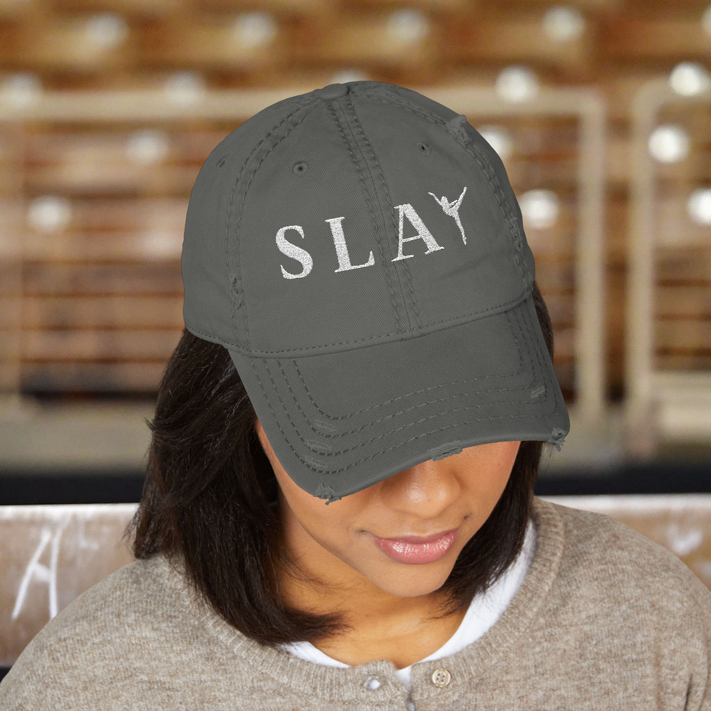 Distressed Hat with SLAY Embroidery | Casual Style Gymnastics Cap, Perfect for Athletes or Moms