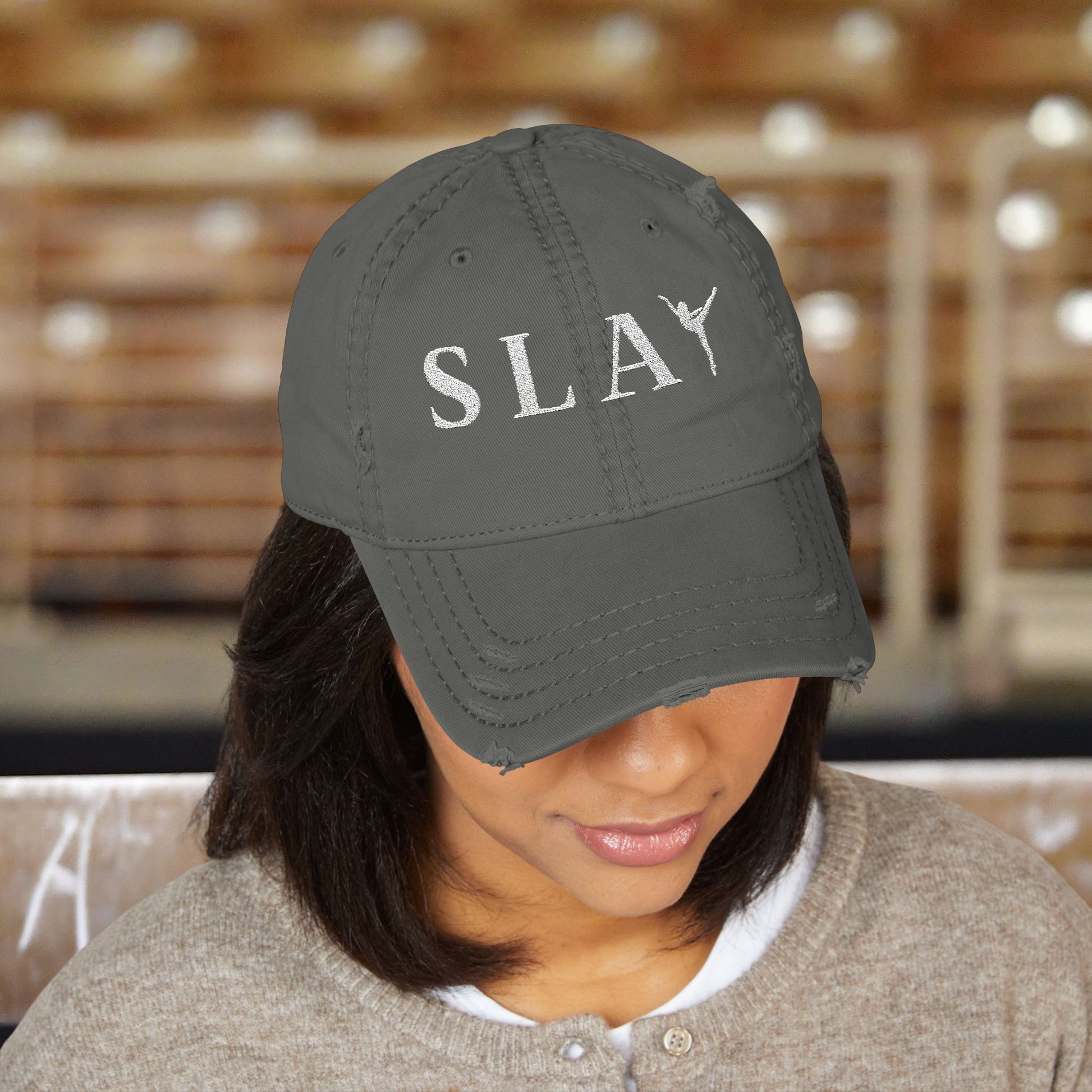 Distressed Hat with SLAY Embroidery | Casual Style Gymnastics Cap, Perfect for Athletes or Moms