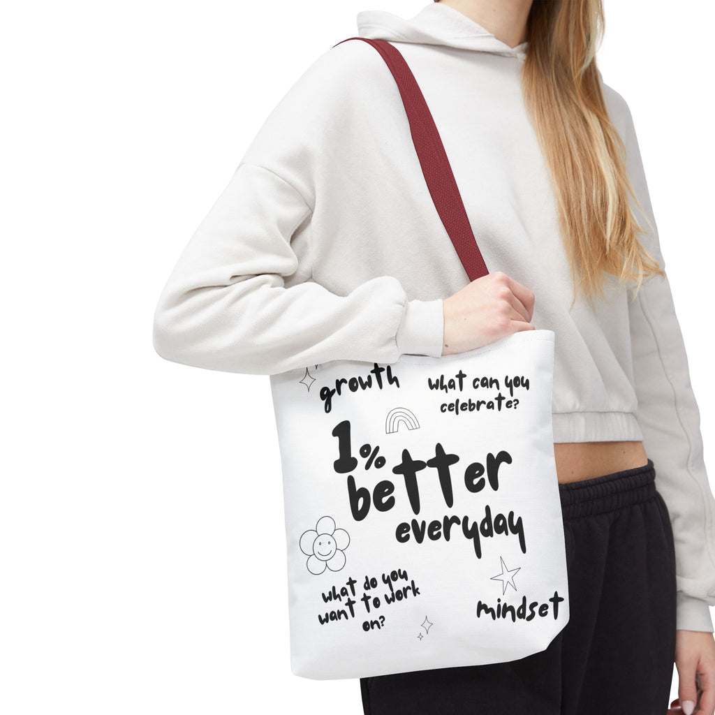 1% Better Every Day Tote Bag – Motivational Graphic Tote for Gym, School, Errands & More
