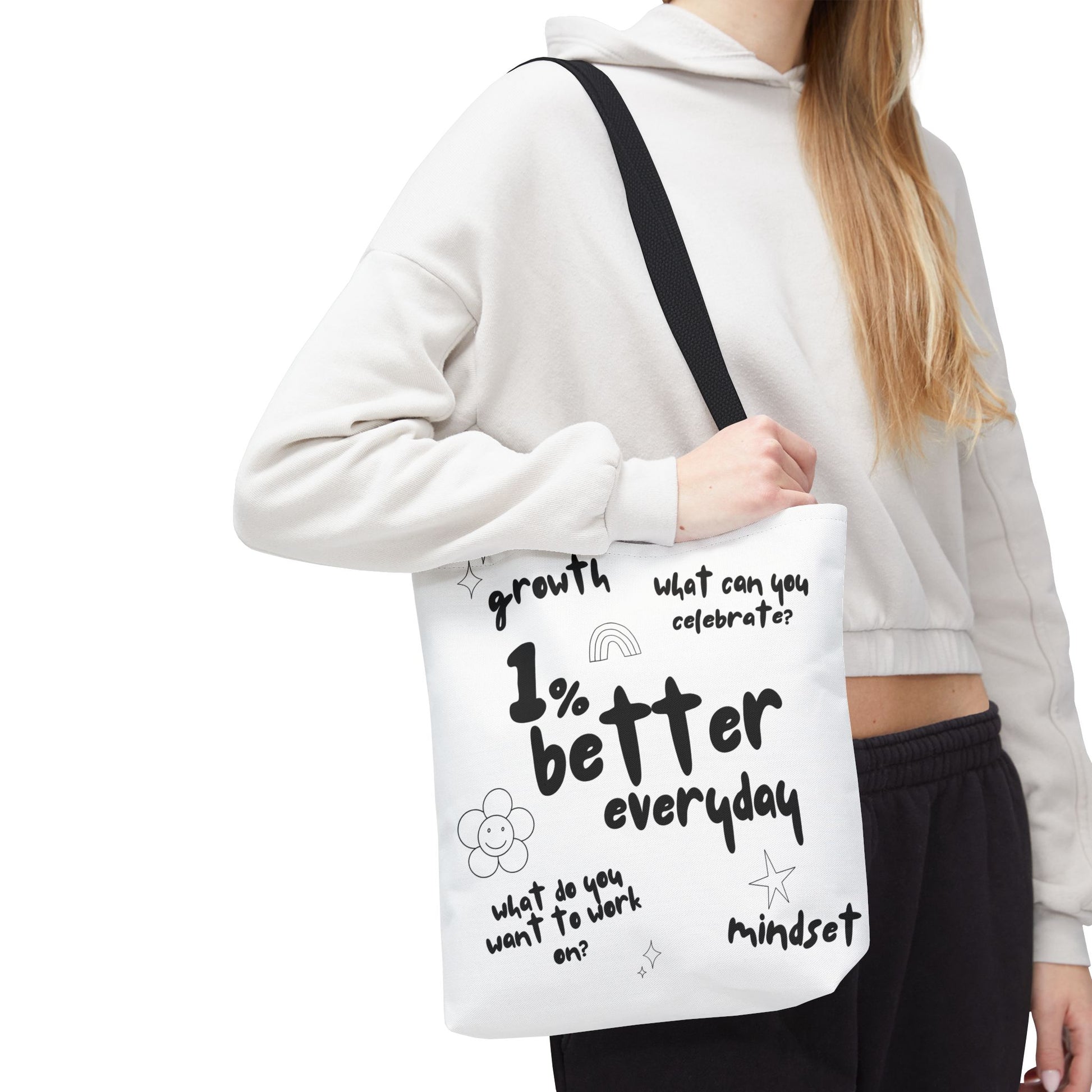 1% Better Every Day Tote Bag – Motivational Graphic Tote for Gym, School, Errands & More